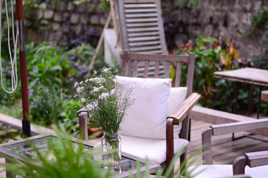 Patio before storing outdoor cushions and hammocks.