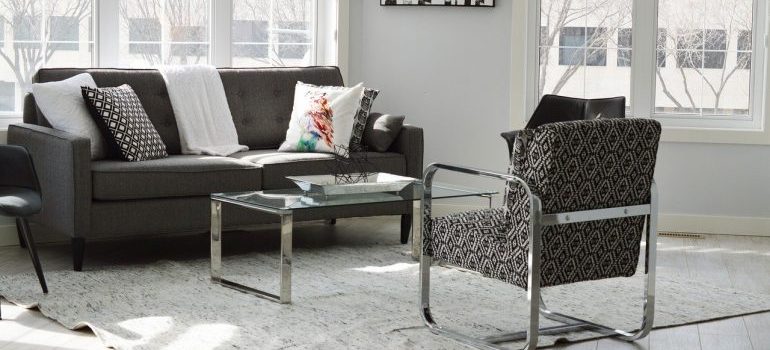 A dark gray and white modern living room.