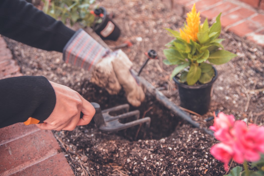 Person working in a garden before storing gardening equipment.