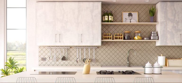 White and brown kitchen with accessories.