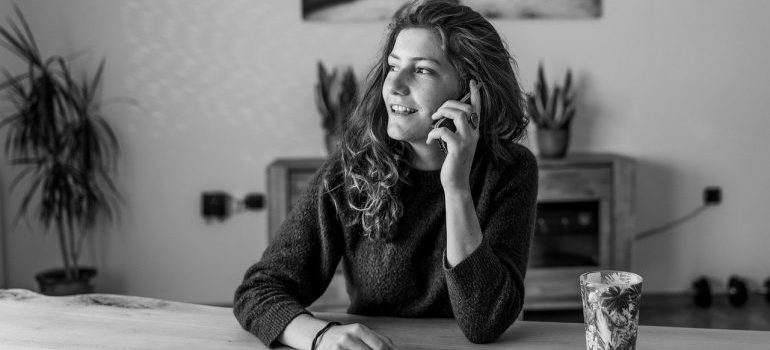 A woman talking on the phone.