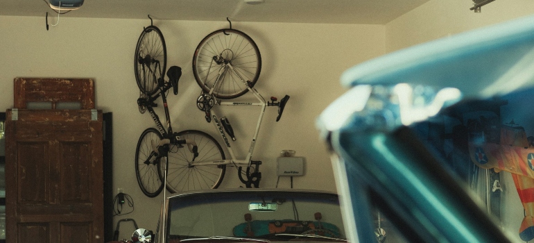 Bike racks on a wall in a garage
