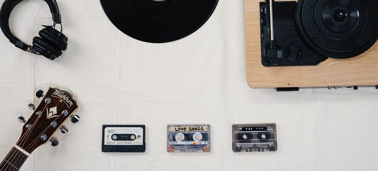 Tapes and vinyls on a desk.