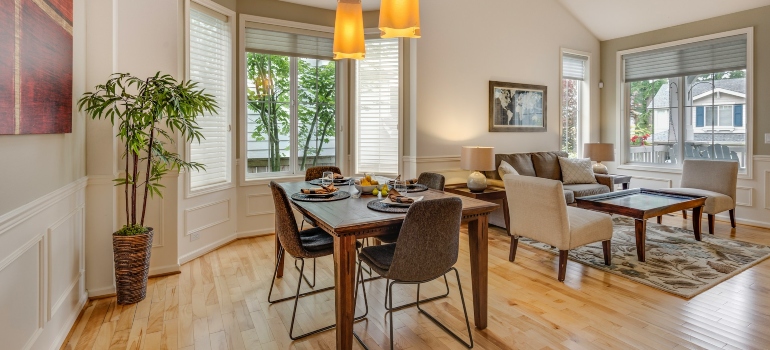 An open space living and dining room