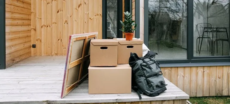 Packed belongings on a deck