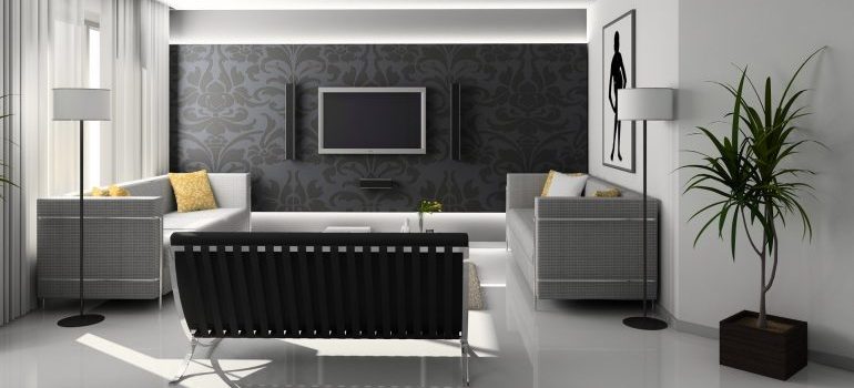 living room with black and white accents