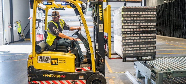 A forklift in a warehouse
