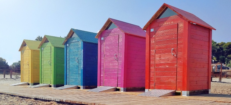 several wooden booths