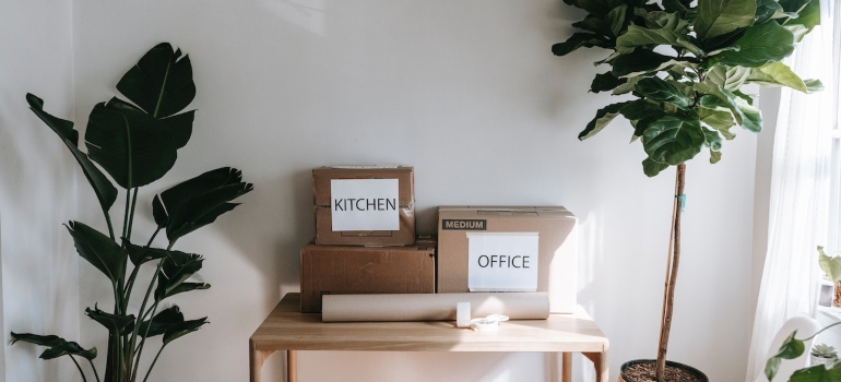 Boxes on the table labeled kitchen and office