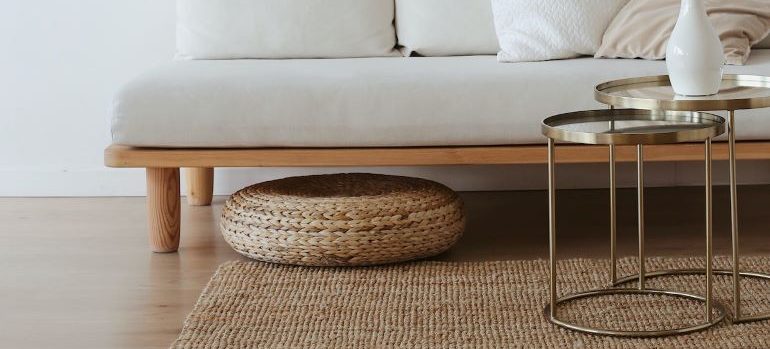 A sofa and furniture in a living room