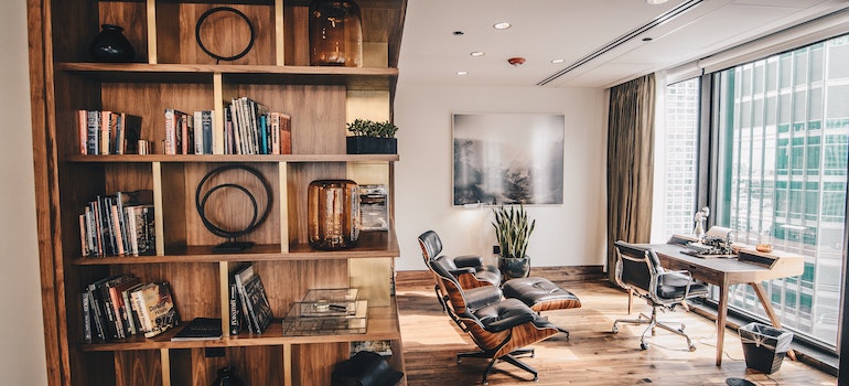 A tidy space with books after Issaquah hobby room makeover