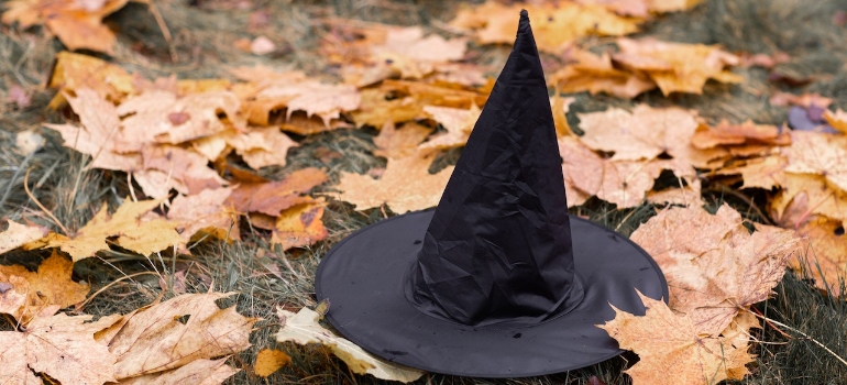 A black witch hat on dried leaves