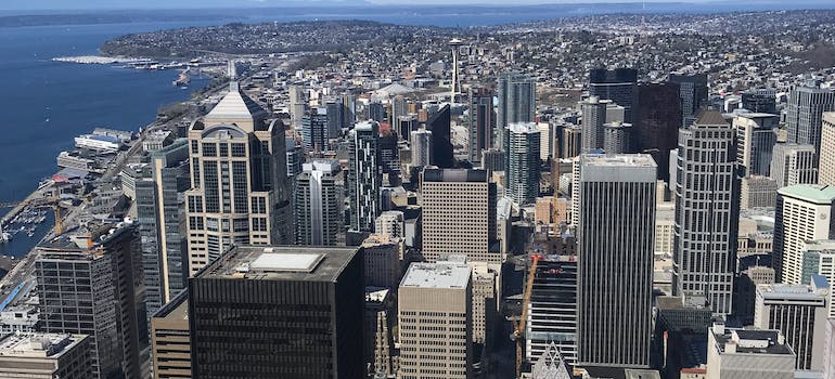 Aerial view of tall buildings in Seattle