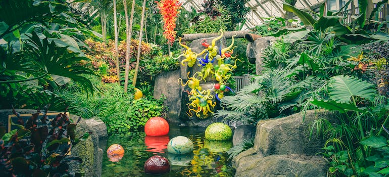 Glass artworks in an ecosystem in the Chihuly garden and glass museum