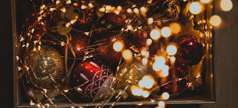 A box with string lights and baubles