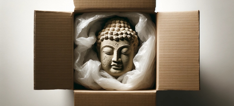 A small sculpture of Buddhist art, is partially wrapped in protective packaging within a cardboard box