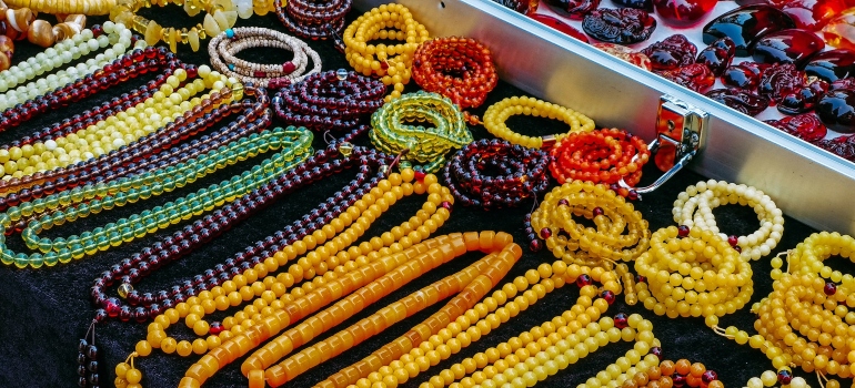 Exhibited bead necklaces and bracelets