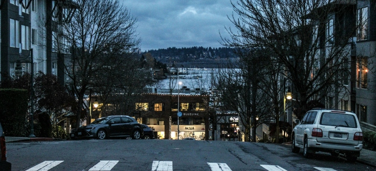 A street in Kirkland at sunset