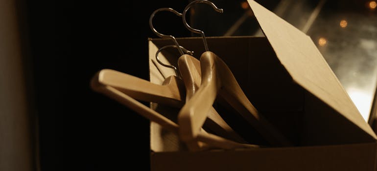 Clothes hangers in a cardboard box