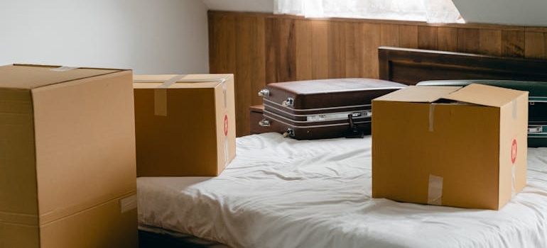 Carton boxes and suitcases placed on bed in empty light room
