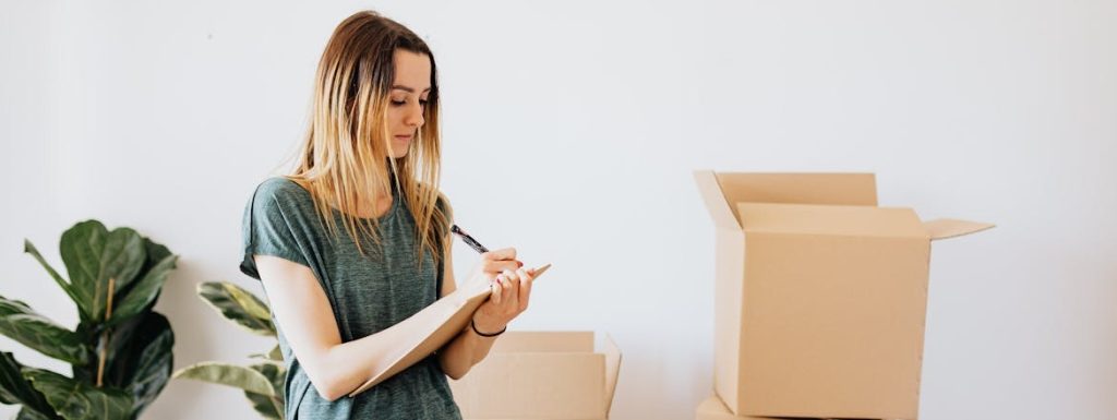 A woman creating your packing checklist while packing