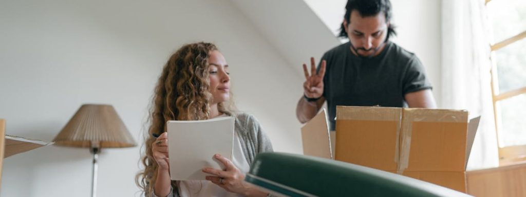 Focused couple packing stuff before moving out