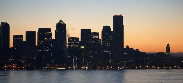 Seattle downtown buildings during sunset.